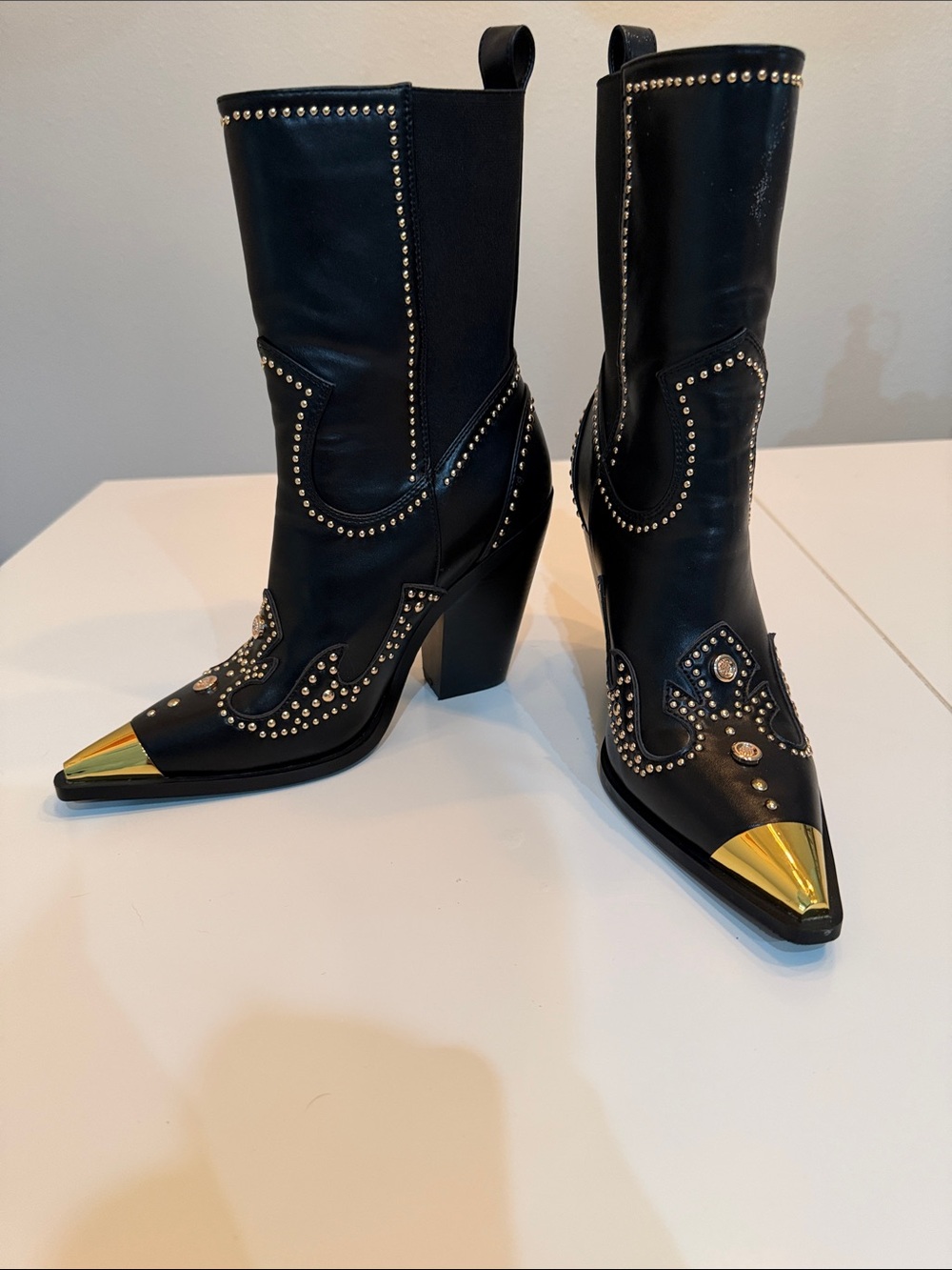 Black Studded Western Heeled Boots with Gold Toe Caps - Picture 1 of 6